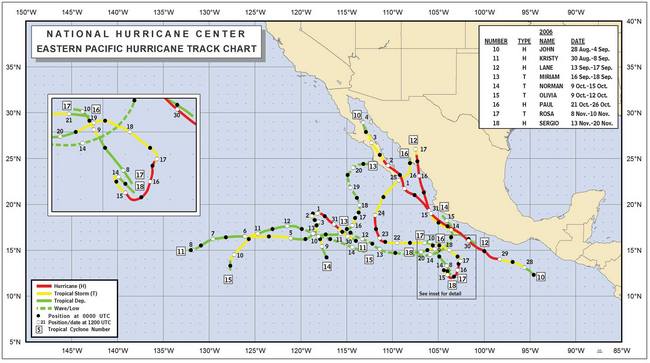  Tracks of eastern North Pacific tropical storms and hurricanes of 2006