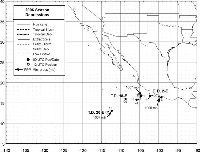  Tracks of eastern North Pacific tropical storms and hurricanes of 2006