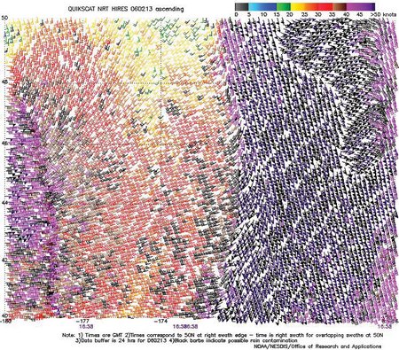 Figure 15. Hig-resolution QuikScat scatterometer image. Click to enlarge