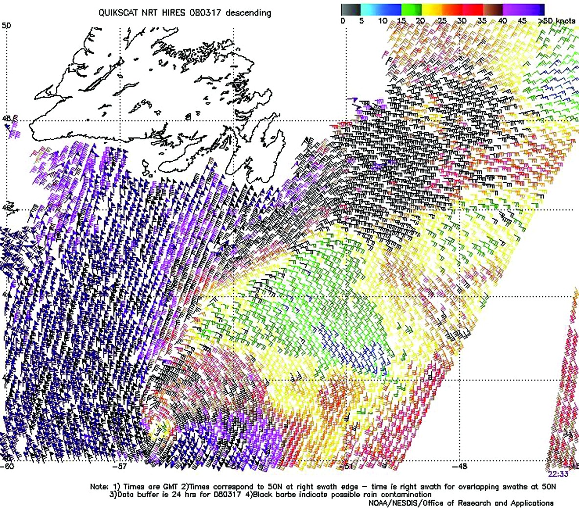 High resolution QuikScat scatterometer image