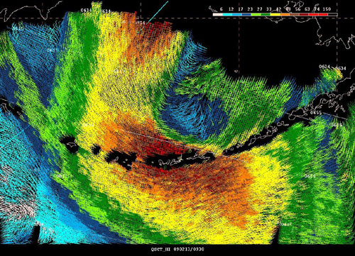 High resolution QuikSCAT scatterometer image of satellite-sensed winds