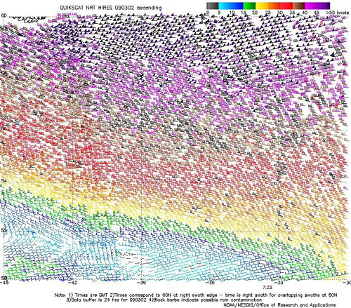 High resolution QuikSCAT scatterometer image of satellite-sensed winds