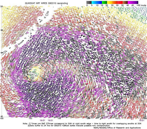 High resolution QuikSCAT scatterometer image of satellite-sensed winds