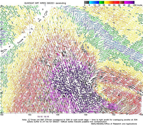 High resolution QuikSCAT scatterometer image of satellite-sensed winds