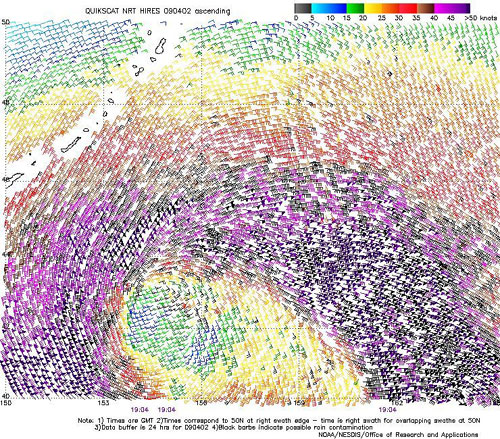 High resolution QuikSCAT scatterometer image of satellite-sensed winds