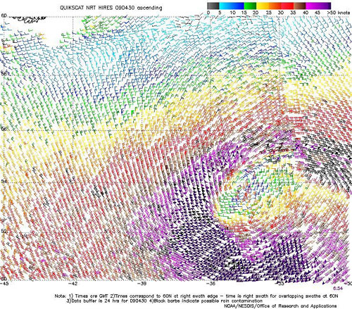 High resolution QuikSCAT scatterometer image of satellite-sensed winds