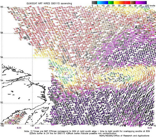 High resolution QuikSCAT scatterometer image of satellite-sensed winds