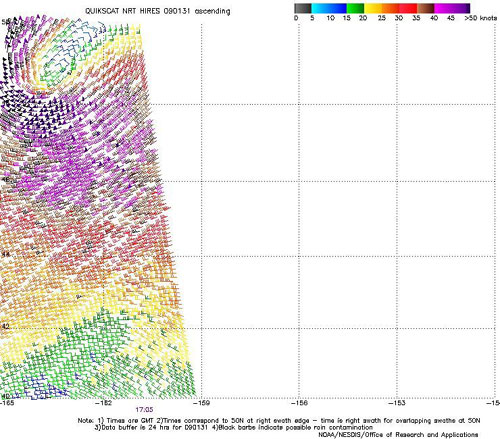 High resolution QuikSCAT scatterometer image of satellite-sensed winds