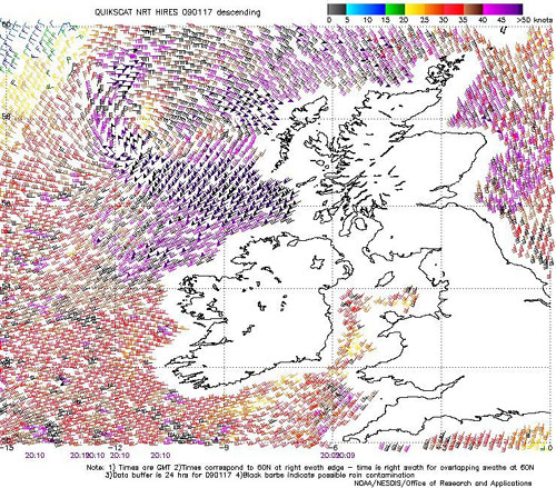 High resolution QuikSCAT scatterometer image of satellite-sensed winds