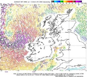 Figure 13.-High-resolution QuikSCAT 
scatterometer image of satellite-sensed winds valid at 1954 UTC - Click to Enlarge