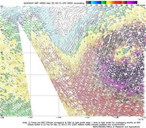 Figure 7.-High-resolution QuikSCAT 
scatterometer image of satellite-sensed winds valid at 1419 - Click to Enlarge