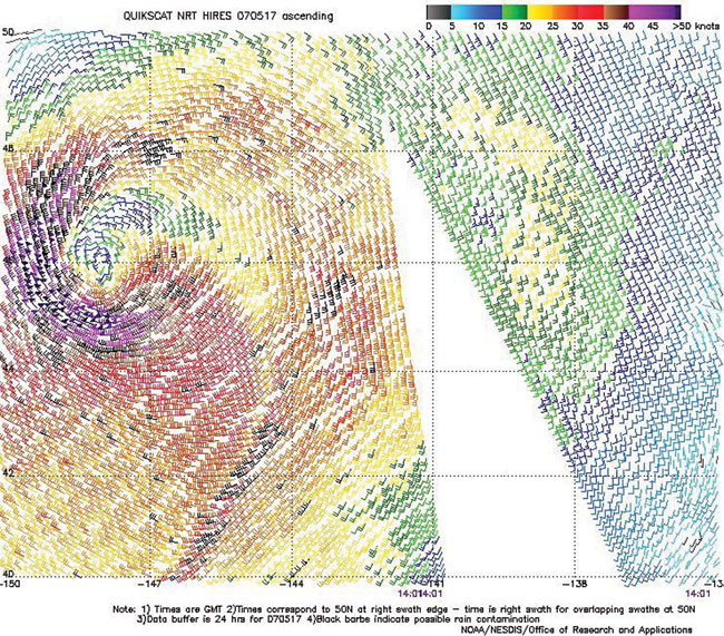 High-resolution QuikScat scatterometer image of satellite-sensed winds