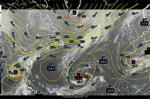 Depicts near zonal flow extending from eastern Canada