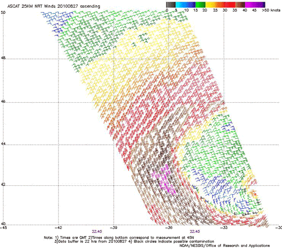 ASCAT (Advanced Scatterometer) image of satellite sensed winds around post-tropical Danielle