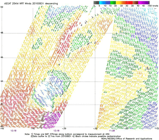 ASCAT (Advanced Scatterometer) image of satellite sensed winds around post-tropical Danielle